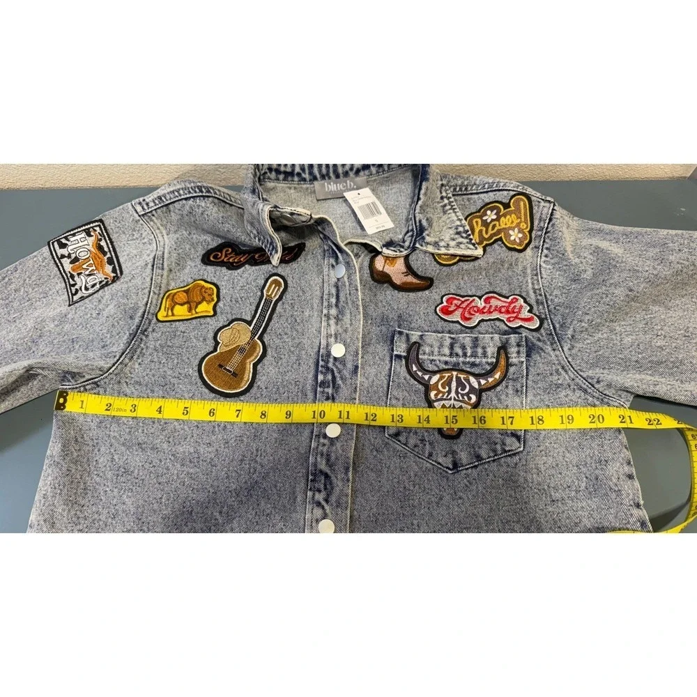 Blue‎ B Womens Acid Wash Denim Western Patch Oversized Shacket Light Blue S